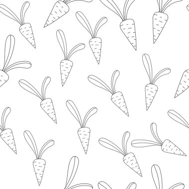 El çizimi, havuçlu, pürüzsüz desen. Siyah beyaz yemek geçmişi. Vektör illüstrasyonu