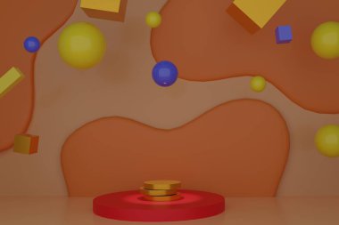 Gerçekçi ilkel kompozisyonun 3 boyutlu yorumlanması. Hareket halindeki uçan figürler mavi arka planda izole edilmiş. Moda tasarımları için muhtemel tema. Küreler, torus, tüpler, metalik mavi ve altın renkli koniler. Kozmetik veya saat podyumu