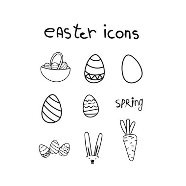 Paskalya tasarım elementleri. Şirin bir piliç, sepetteki neşeli Paskalya yumurtaları, Paskalya pastası, bahar çiçekleri, söğüt ağacı ve havuç. Çizim tarzında el çizimi bir vektör çizimi. Kartlar ve çıkartmalar için mükemmel.