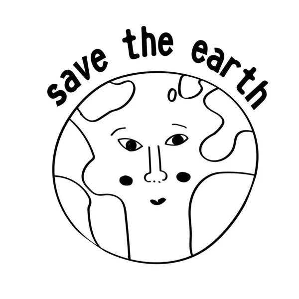 Red onze planeet - doodle verwondde aarde met moderne letters. Met de hand getekend opschrift over ecologie en milieu. Kleurrijke letters sjabloon voor afdrukken en web — Stockvector