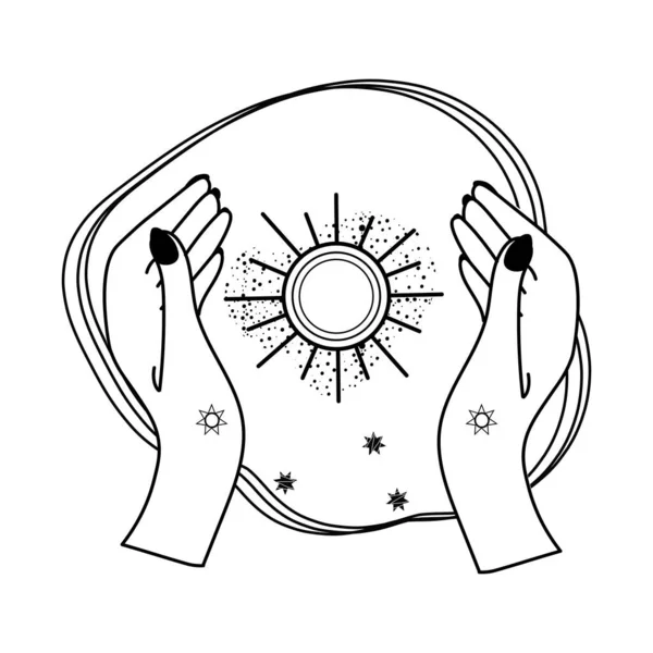 Алхімічна езотерична містична магія небесний талісман з двома жіночими руками, сонцем, священною геометрією зірки ізольовані. Об'єкт духовного окультизму. Векторні ілюстрації в стилі чорного контуру . — стоковий вектор