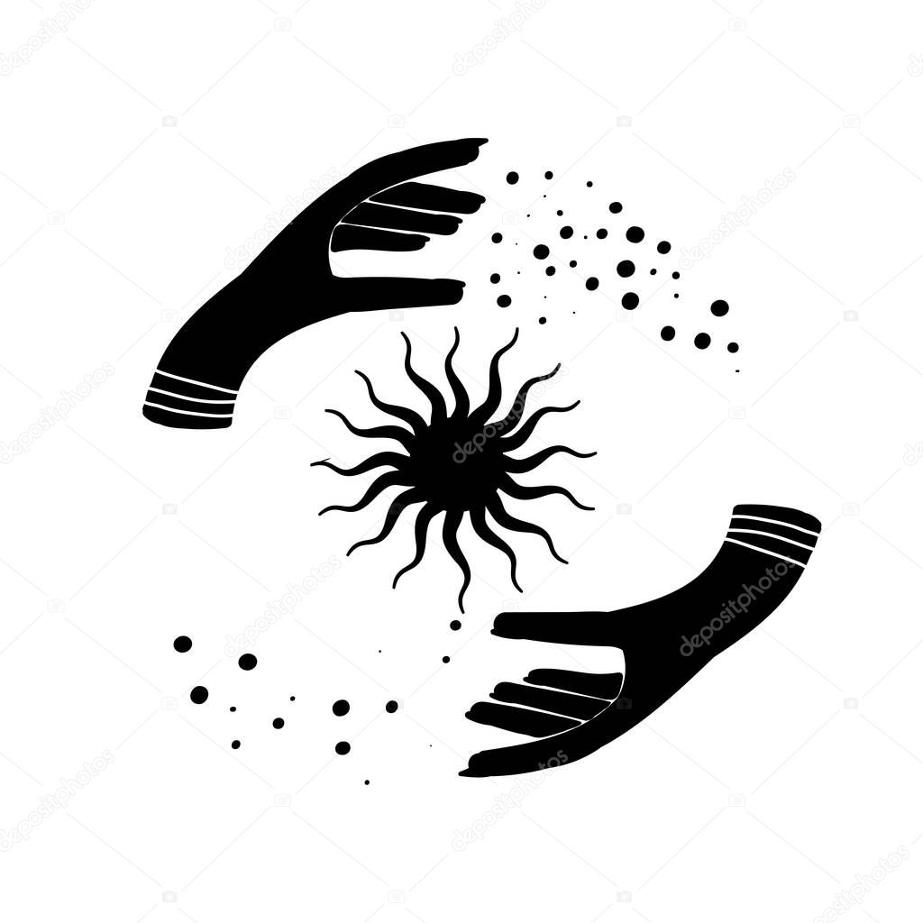 Two hand holding sun. Magical vector illustration. Super powers icon. Energy in hands.