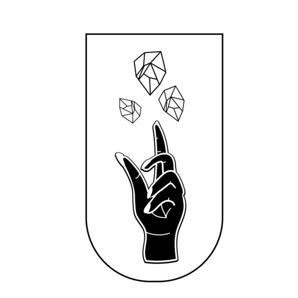 Čarodějnice ženské ruky s nebeským křišťálovým logem šablony v siluetě designu se zářícími hvězdami. Vektorové mystické logo s magickým symbolem v černé a bílé. — Stockový vektor