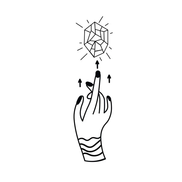 Колдунья женская рука с шаблонами небесных кристаллических логотипов в силуэте с сияющими звездами. Векторный мистический логотип с магическим символом в черно-белом. — стоковый вектор