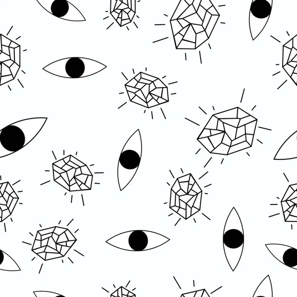 結晶と目の魔法のパターン。手描きベクトルシームレスパターンと民族魔法の要素、目、鉱物. — ストックベクタ