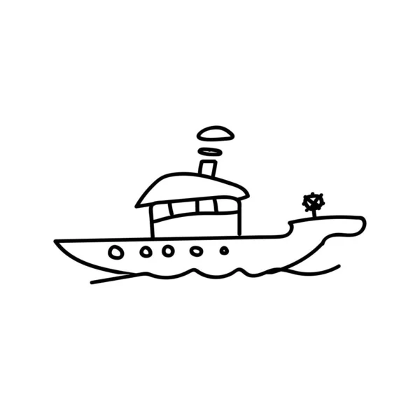 Met Hand Getrokken Zeilschip Golven Doodle Boot Kinderen Tekenen Geïsoleerde — Stockvector