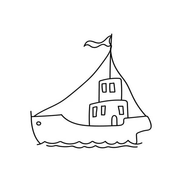 手を波の上に帆船を描いた バカ船だ 子供の絵 白い背景のドードルスタイルで絶縁ベクトルイラスト — ストックベクタ