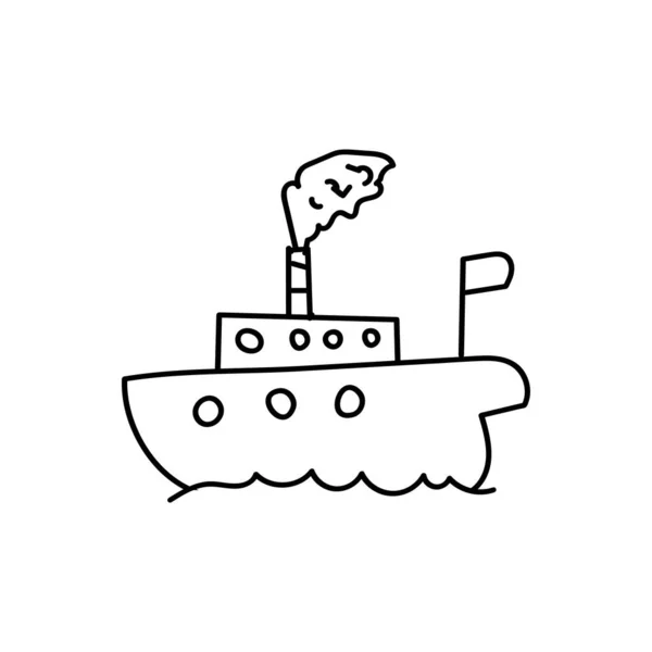 Navio Vela Desenhado Mão Nas Ondas Barco Doodle Desenho Infantil —  Vetores de Stock