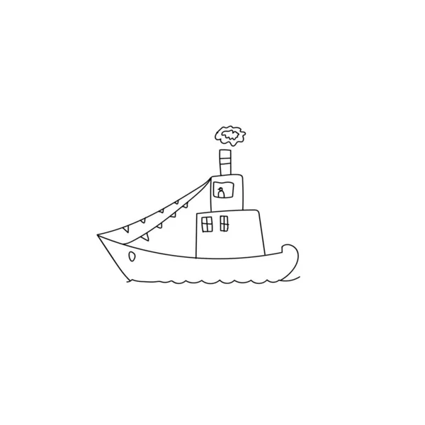 Nave Vela Disegnata Mano Sulle Onde Barca Doodle Bambini Che — Vettoriale Stock