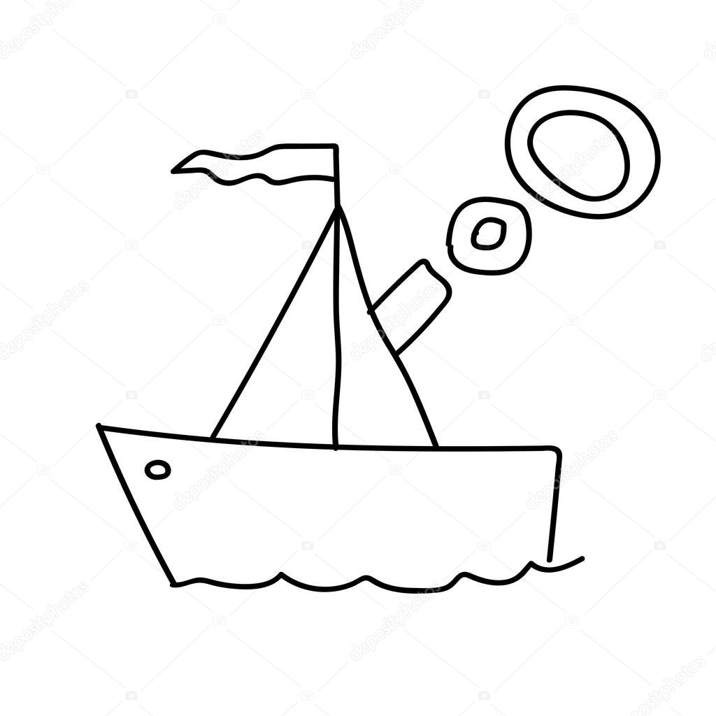 Hand drawn sailing ship on the waves. Doodle boat. Children drawing. Isolated vector illustration in doodle style on white background