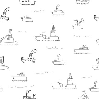 Denizci sembollerinin kusursuz deseni tekne, çapa, halat ve direksiyon. Çizgi film deniz ikonları. Albüm yapmak için çocuk unsurları. Çocuksu bir geçmiş. El çizimi vektör illüstrasyonu.