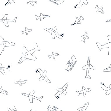 Elle çizilmiş kusursuz çocuklar İskandinav tarzında basit bir uçakla beyaz bir arka planda basit bir şekilde tekrarlıyorlar. Uçaklarda kusursuz bir şablon. Komik uçaklar.