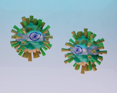 Covid India ve Hint versiyonu. Arka plan, bayrak taşıyan covid-19 virüsü. Yeni pul delta artı. 3 boyutlu görüntüleme. Görüntü