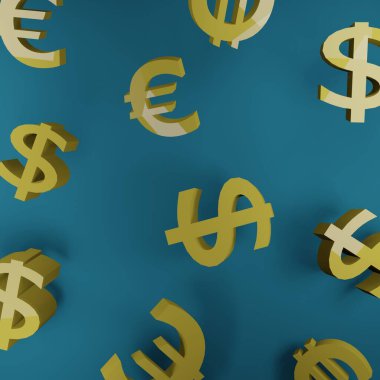 Mavi arka planda altın dolar ve avro. Şablon. 3 boyutlu resimleme. Finans kurumları için reklam
