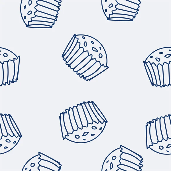 Konfektyr sömlös mönster med pajer, pajer, pajer, cupcakes och eklair Handritade söta bakverk i skissartad stil isolerad på vit bakgrund. Blå linjer. — Stockfoto