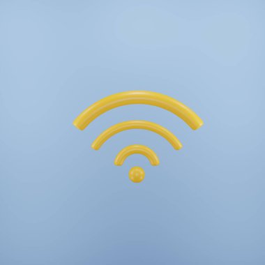 Wifi simgesi 3D görüntüleniyor. Mavi arka planda sarı kablosuz ağ sembolü. Web sitesi, sosyal medya, sunum için 3D rss sembolü.