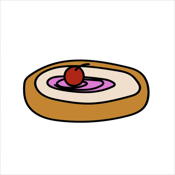 Bollo de canela con ilustración de vectores estilo caricatura glaseado. Baked dulce rollo garabato icono. Diseño de clip art para el menú de la cafetería, volante, pizarra. Pastelería fresca sueca de kanelbulle remolino. — Vector de stock