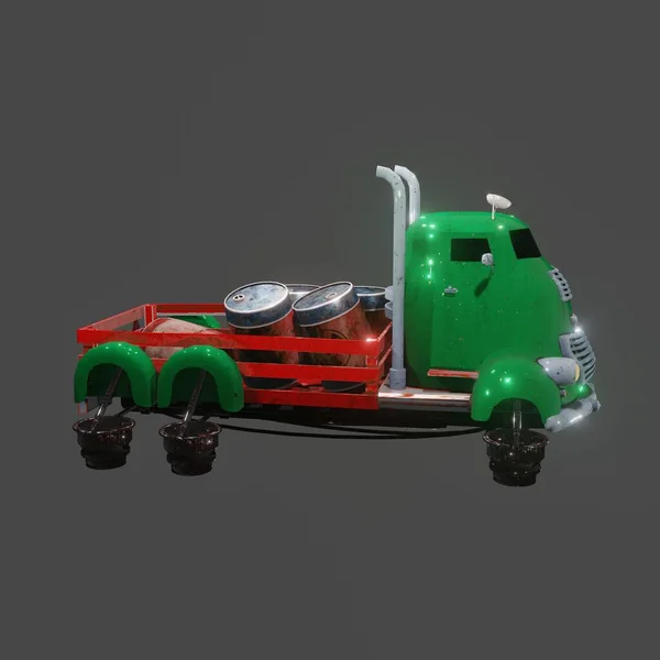 Camion volant vert avec moteurs à réaction. Technologies futures Illustration 3D. — Photo