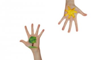 Soyut orman. Ağaçlar ve güneş ressamlar çocuğun elinde