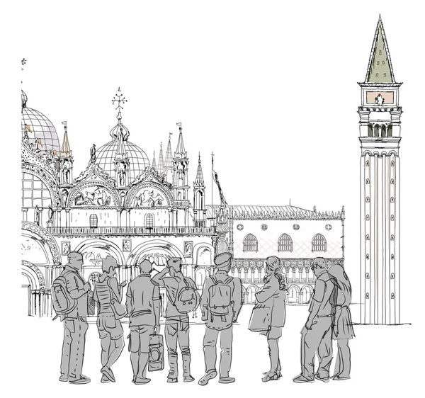 威尼斯圣马可广场，威尼斯插画素描集合 — 图库照片