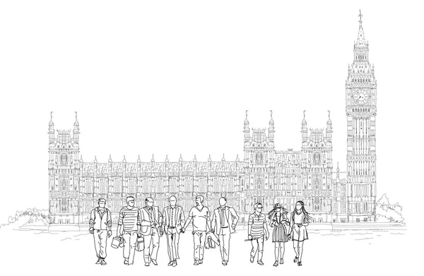 Siluety chůzi lidí, proti Big Benu a budov parlamentu. Náčrtek kolekce — Stock fotografie