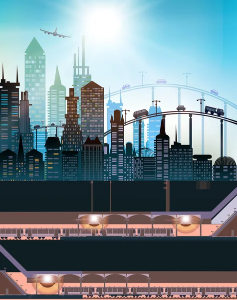 Ciudad moderna con rascacielos, grúas y estación de metro con plataforma y carruajes — Foto de Stock