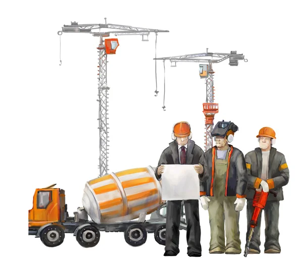 Építők a telek. Ipari ábra munkavállalók, daruk és betonkeverő gép — Stock Fotó
