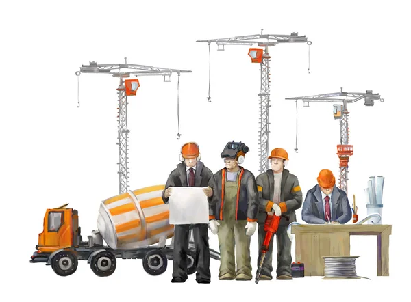 Builders on the building site. Industrial illustration with workers, cranes and concrete mixer machine — Stock Photo, Image