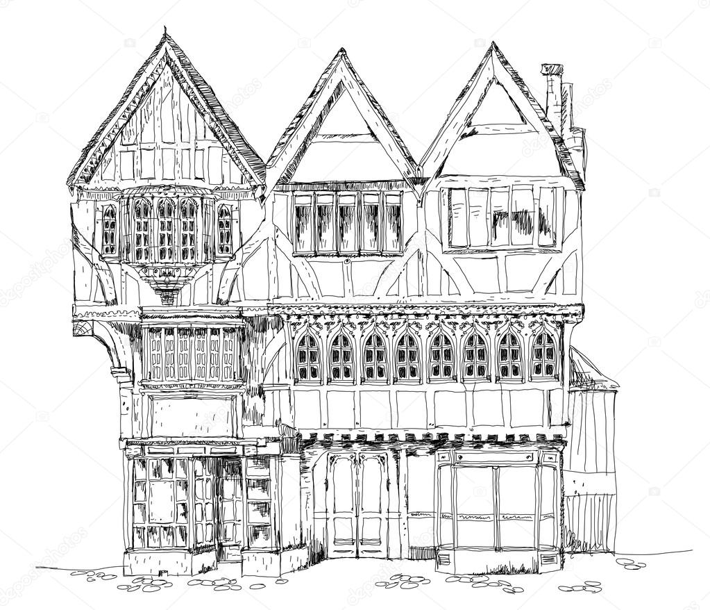 Medieval Tudor age long house in Oxford, sketch collection. Medieval Tudor age long house