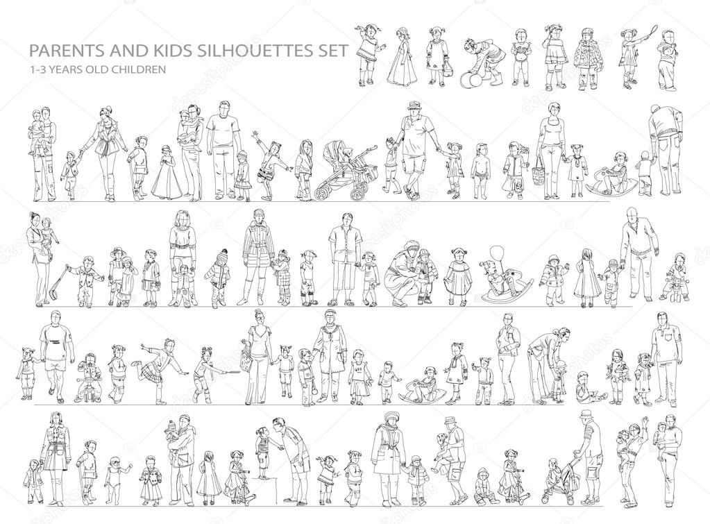 Kids sketch silhouettes, little children playing and walking. Sketch collection