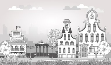 Çok detaylı ve süslü kasaba evleri, ağaçlar ve fenerler güzel şehrin doodle. Şehir arka plan