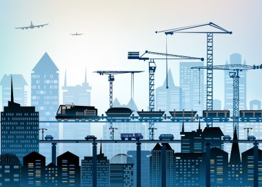 Şehirde, endüstriyel konsept illüstrasyon çalışan tren.