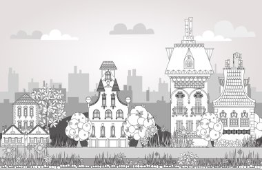 Çok detaylı ve süslü kasaba evleri ile güzel şehrin doodle