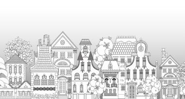 Çok detaylı ve süslü kasaba evleri ile güzel şehrin doodle