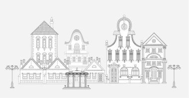 Çok detaylı ve süslü kasaba evleri ile güzel şehrin doodle