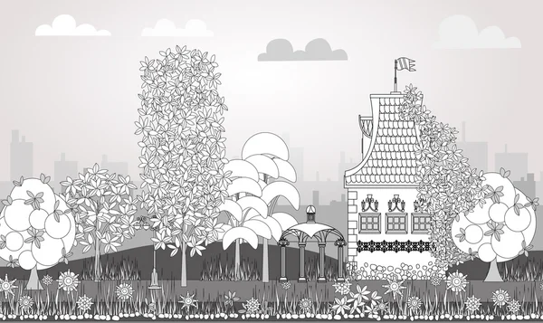 Doodle van mooie stad met zeer gedetailleerde en sierlijke herenhuizen, bomen en lantaarns. Achtergrond van de stad — Stockfoto