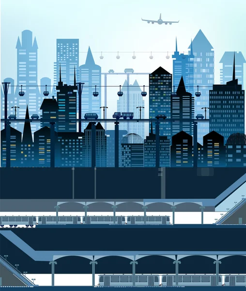 Modern City with skyscrapers, cranes and underground tube station with platform and carriages — Stock Photo, Image