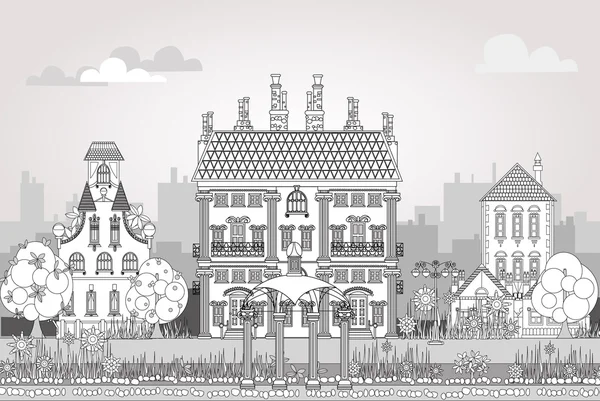 Doodle of beautiful city with very detailed and ornate town houses — Stock Photo, Image