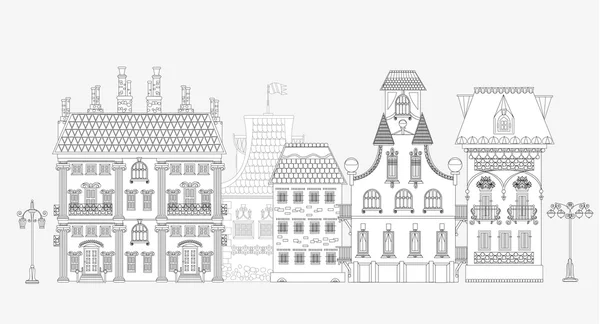 Doodle de hermosa ciudad con casas de pueblo muy detalladas y ornamentadas —  Fotos de Stock