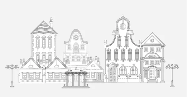 Doodle de hermosa ciudad con casas de pueblo muy detalladas y ornamentadas —  Fotos de Stock