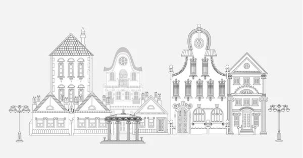 Çok detaylı ve süslü kasaba evleri ile güzel şehrin doodle — Stok fotoğraf