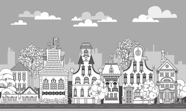 Doodle de hermosa ciudad con casas de pueblo muy detalladas y ornamentadas —  Fotos de Stock