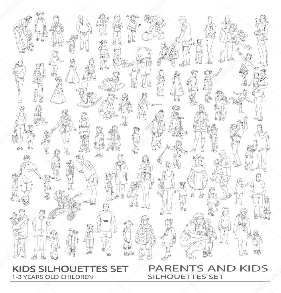 Kids sketch silhouettes, little children playing and walking. Sketch collection