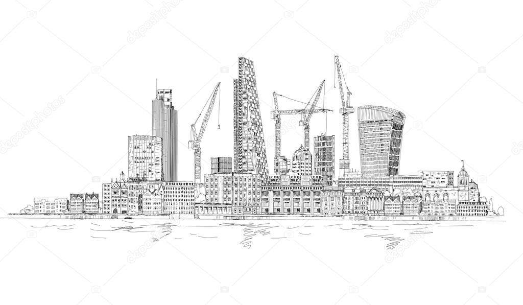 Modern London. City of London and Canary Wharf with crane and building sites of new developments