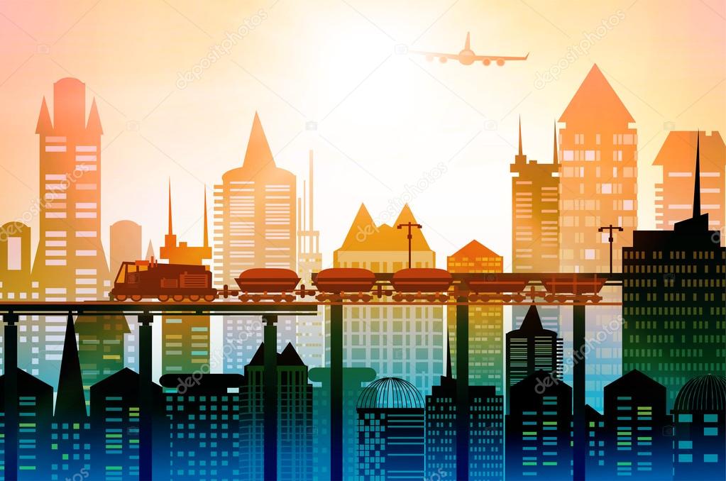 City airport and town made of buildings silhouettes
