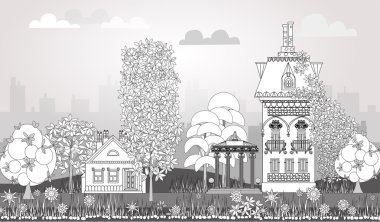 Çok detaylı ve süslü kasaba evleri ile güzel şehrin doodle