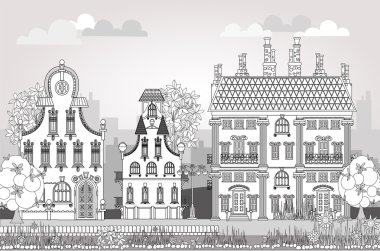 Çok detaylı ve süslü kasaba evleri ile güzel şehrin doodle