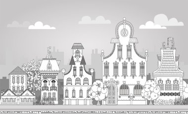 Çok detaylı ve süslü kasaba evleri ile güzel şehrin doodle