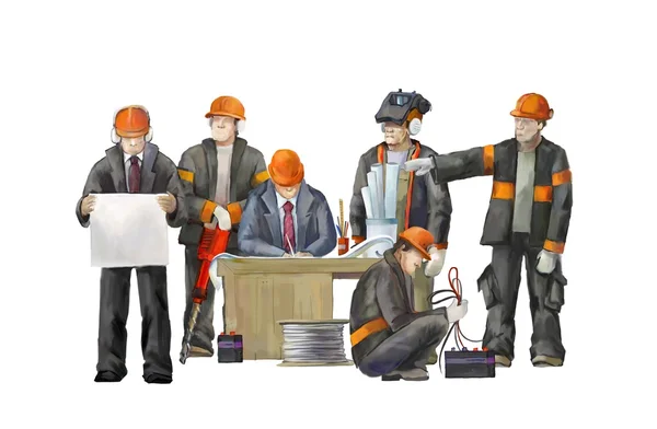 Строители на строительной площадке. Промышленная иллюстрация с рабочими, кранами и бетономешалками — стоковое фото