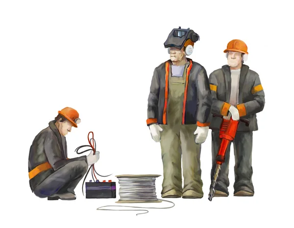 Bauarbeiter auf der Baustelle. Industrielle Illustration mit Arbeitern, Kränen und Betonmischer — Stockfoto